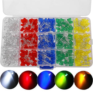 500pcs 5mm LED Light Diodes 2 Pin Assortment Kit Set Box 5 Colours (White, Red, Blue, Yellow, Green)